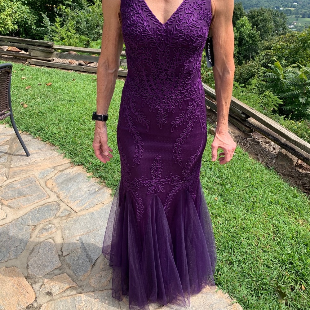 Cachet Purple Embroidered Tulle Trumpet Gown